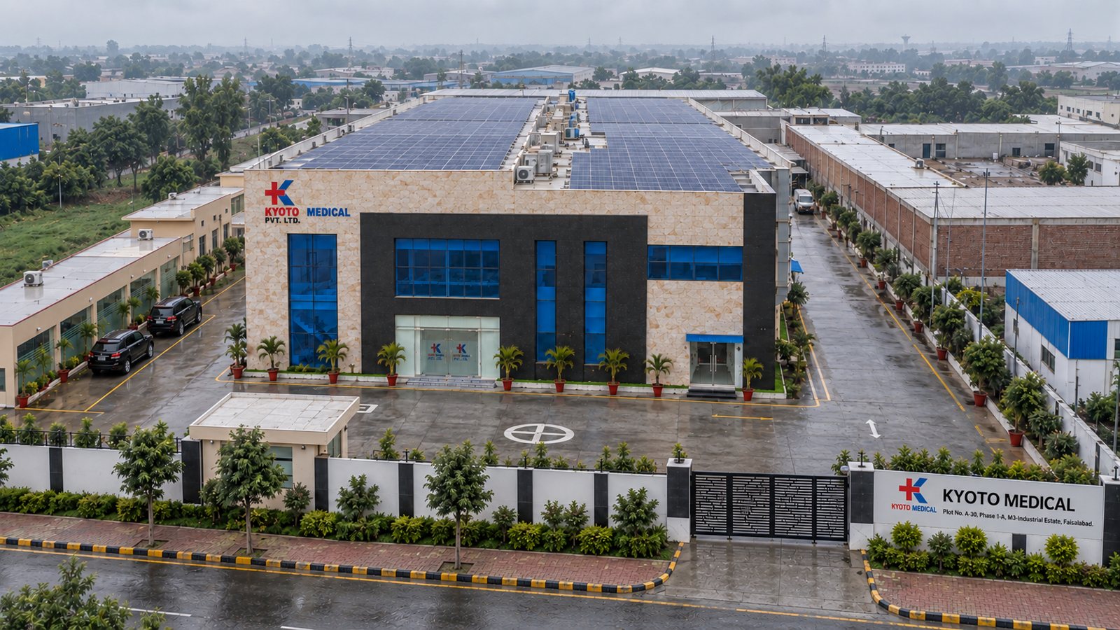 Aerial view of the Kyoto Medical facility, M3 Industrial Estate, Faisalabad